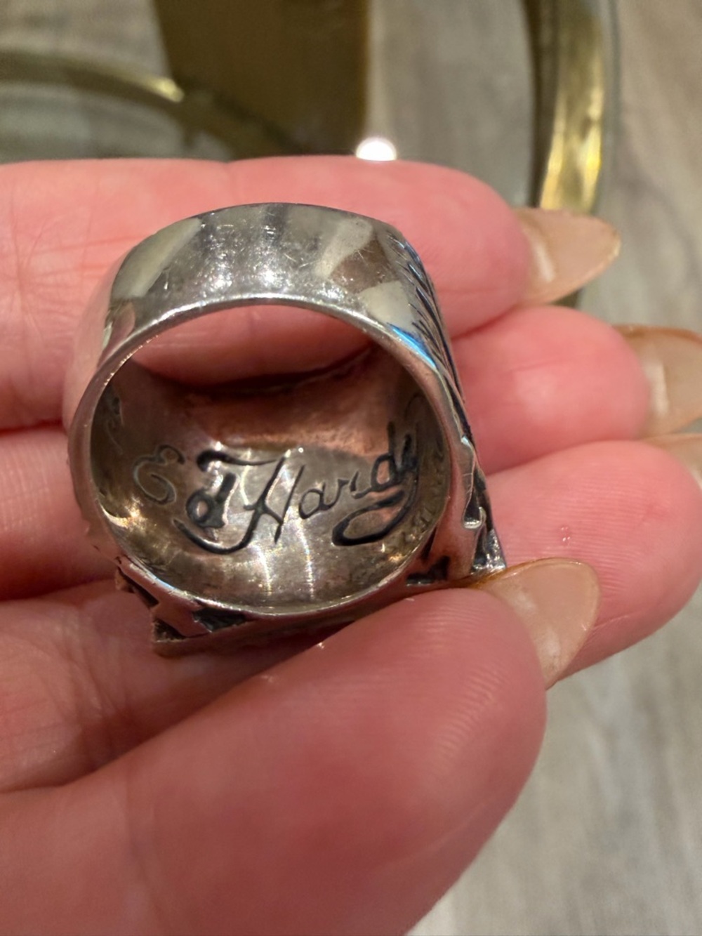 Ed Hardy Silver Square Winged Skull Statement Ring - Picture 2 of 4